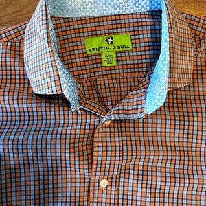 bristol and bull dress shirts Bristol & Bull Dress Shirt Mens Large White Blue Check Button Up Paisley Trim